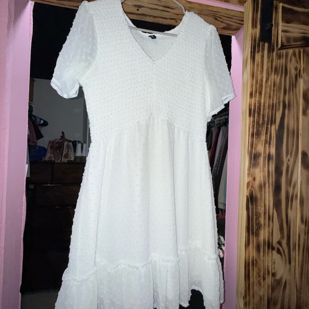 White Textured Short Sleeve Dress